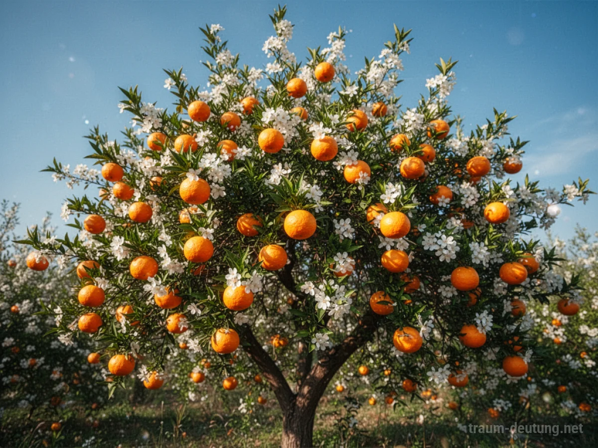 Ein blühender Orangenbaum mit Früchten und weißen Blüten vor blauem Himmel.