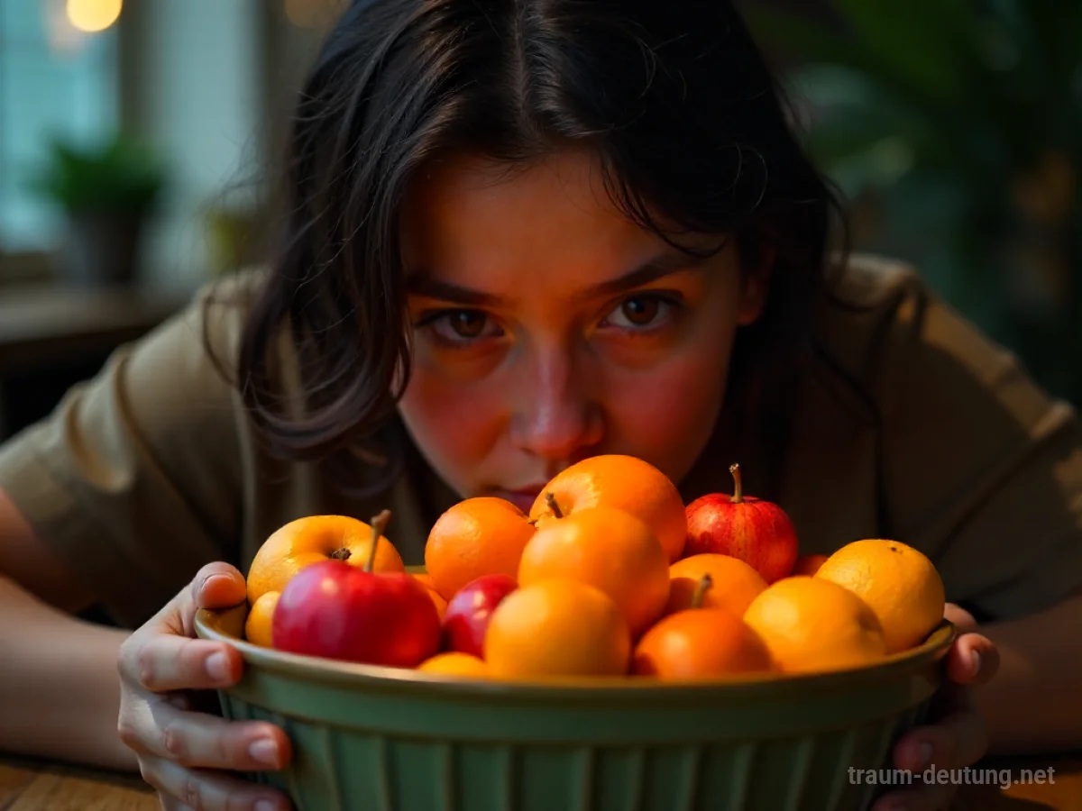 Person kann im Traum kein Obst essen, schaut sehnsüchtig auf eine Obstschale.