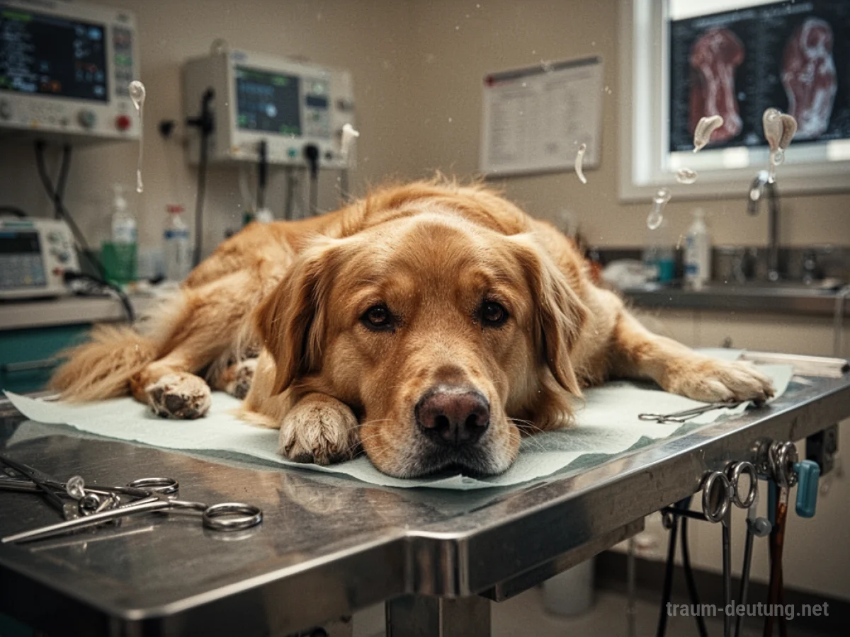 Ein Hund liegt ruhig auf einem Operationstisch in einer Tierarztklinik.