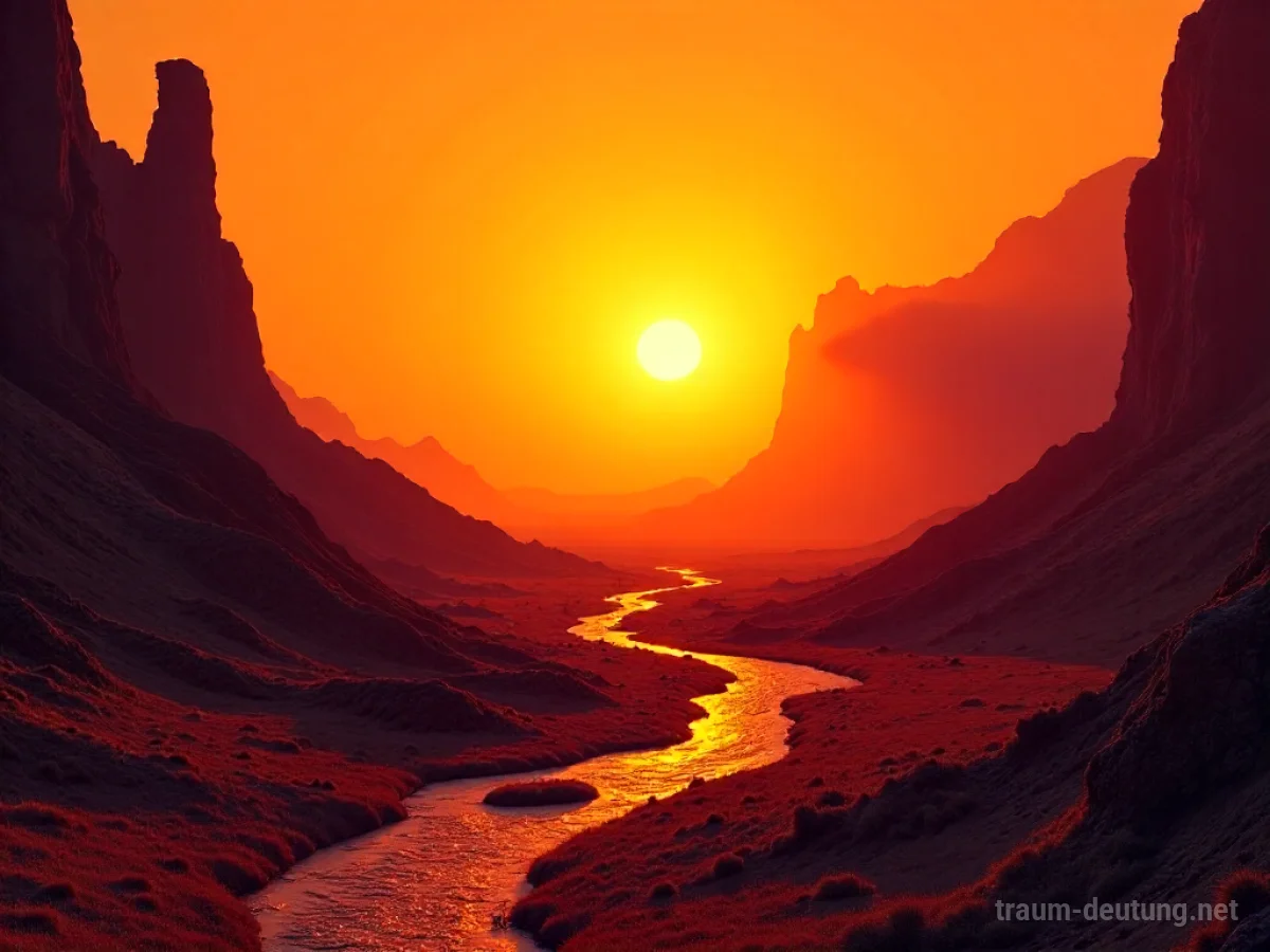 Eine surreale Landschaft, die von einem intensiven orangen Licht durchflutet ist.