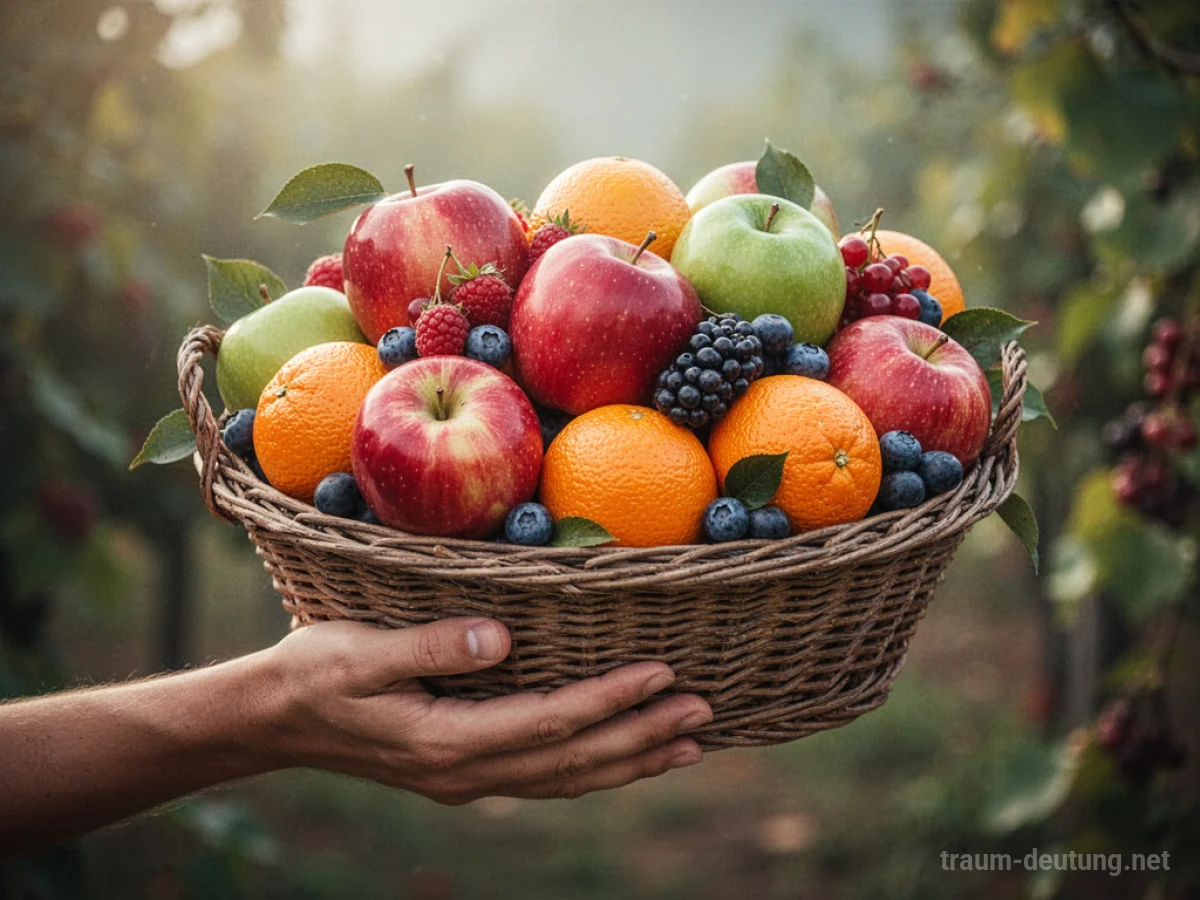Hand reicht Korb mit buntem Obst als Geschenk