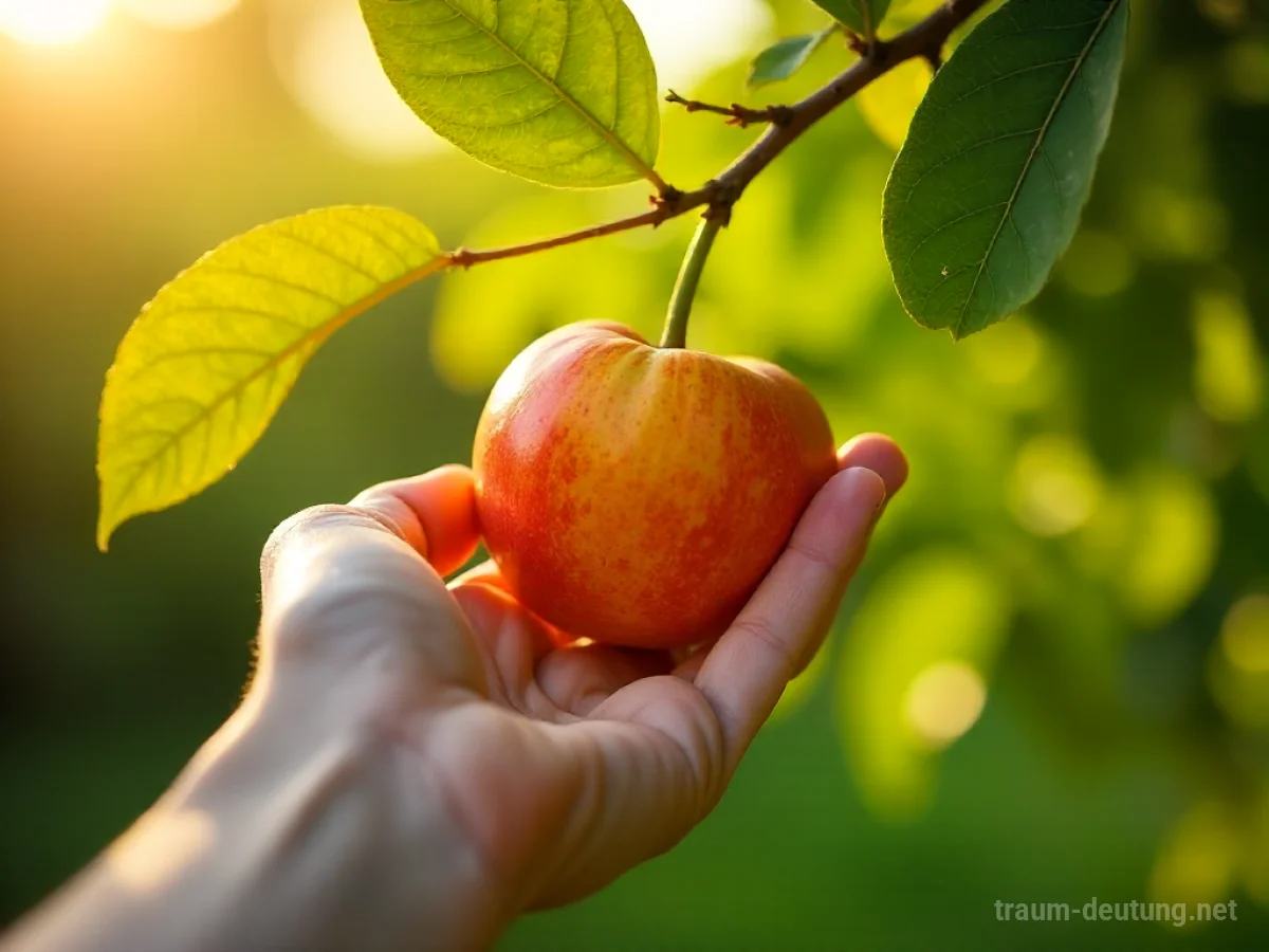 Eine Hand greift nach einem reifen Apfel an einem Ast.
