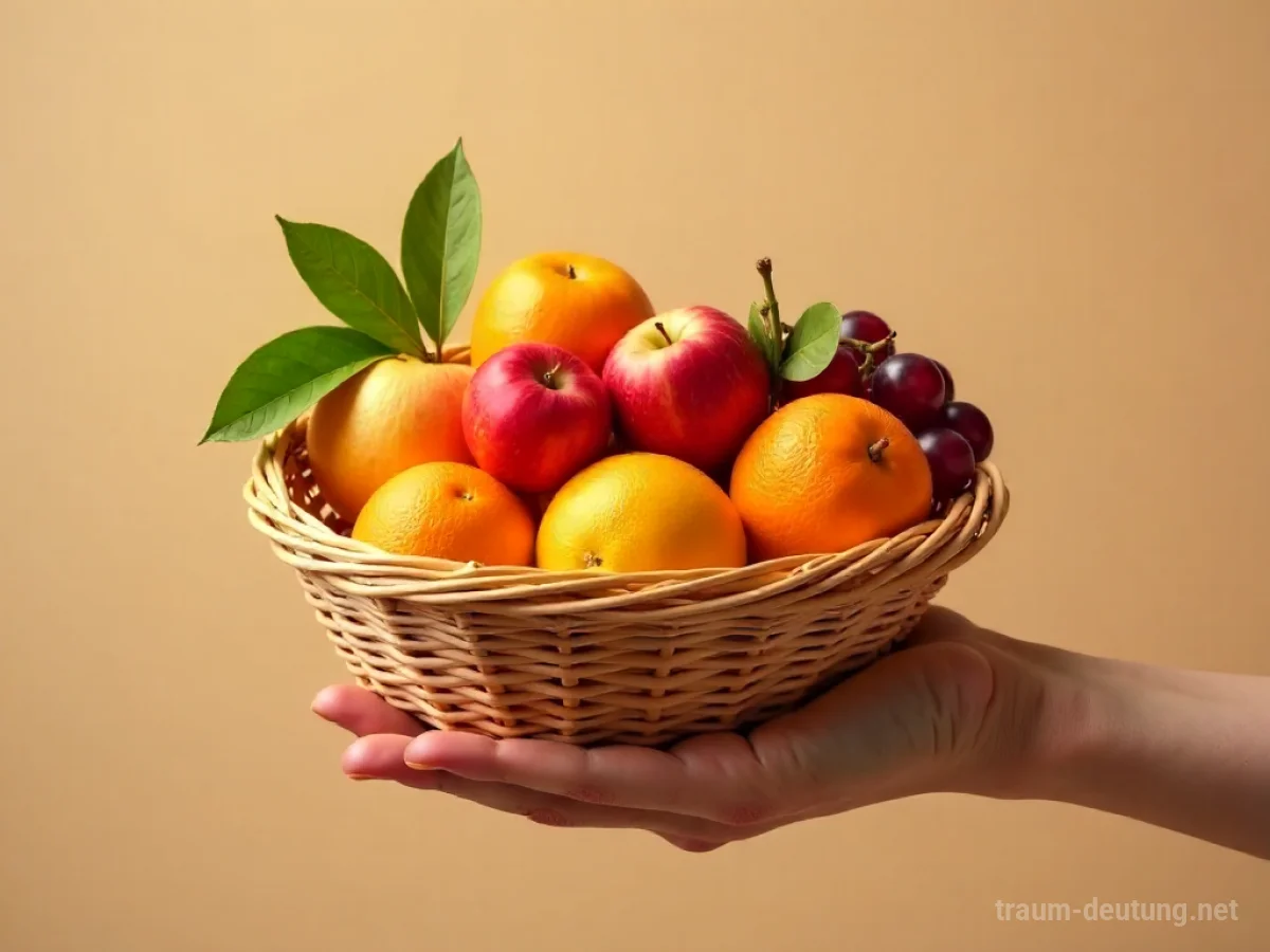 Hand reicht Korb mit reifem Obst als Geschenk