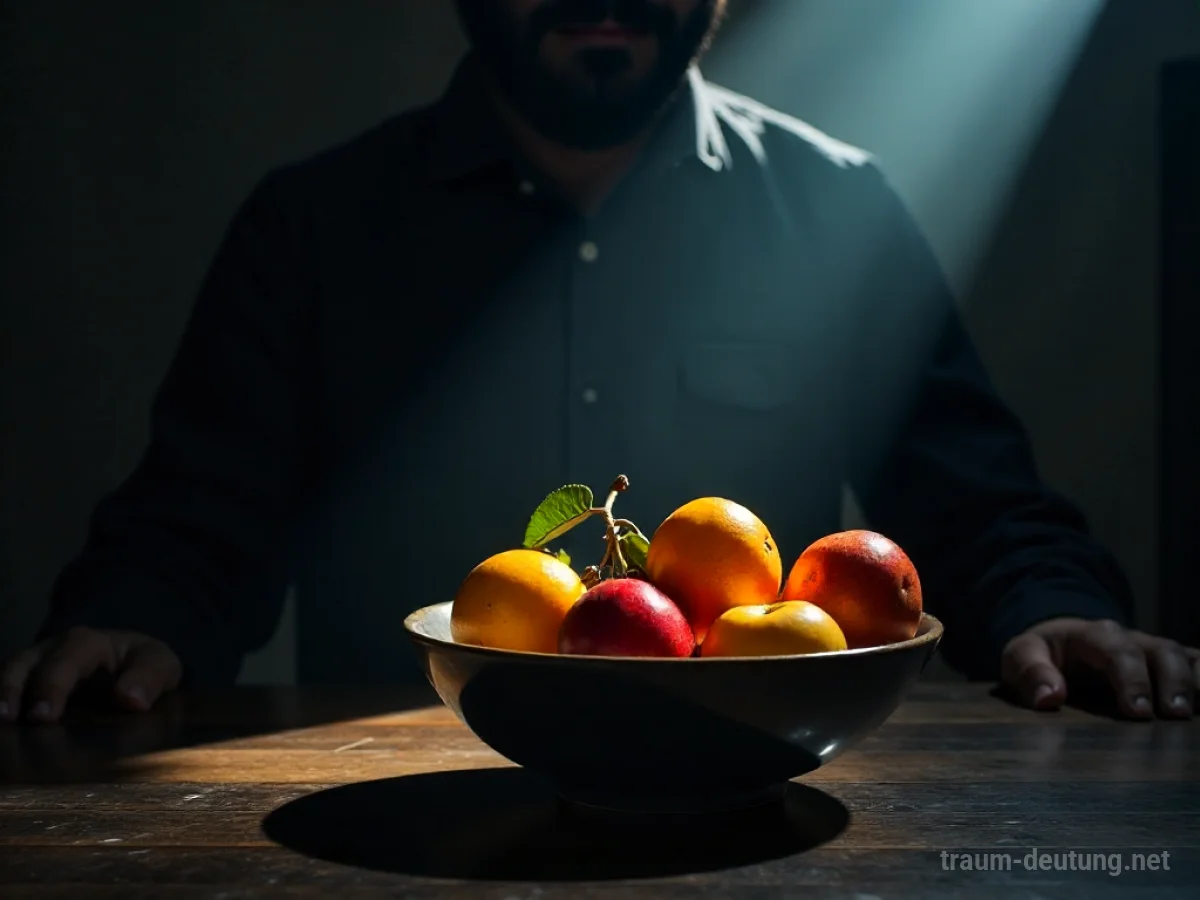 Schattenhafte Hand greift nach saftigem Obst in dunkler Umgebung.