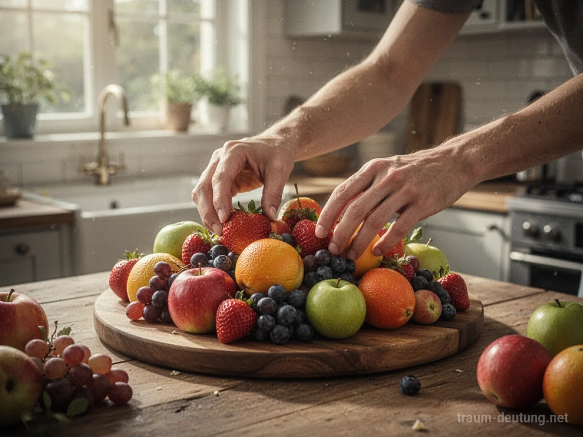 Hände arrangieren buntes Obst auf einem Holzbrett in einer hellen Küche.