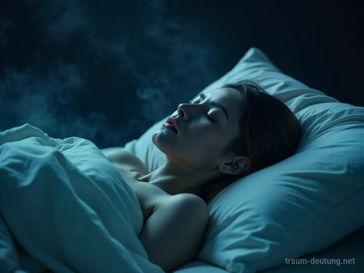 Person liegt ohnmächtig im Bett, umgeben von dunklem Nebel.
