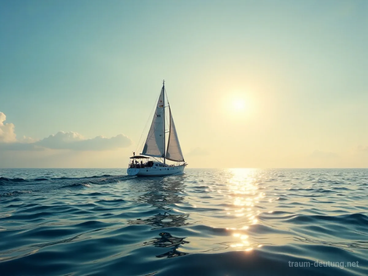 Ein Segelschiff auf einem weiten, ruhigen Ozean unter klarem Himmel.