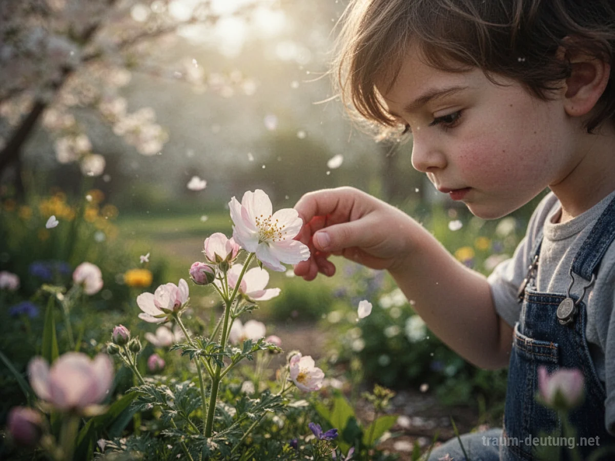 Kinderhand berührt zart eine blühende Blume im Sonnenschein.