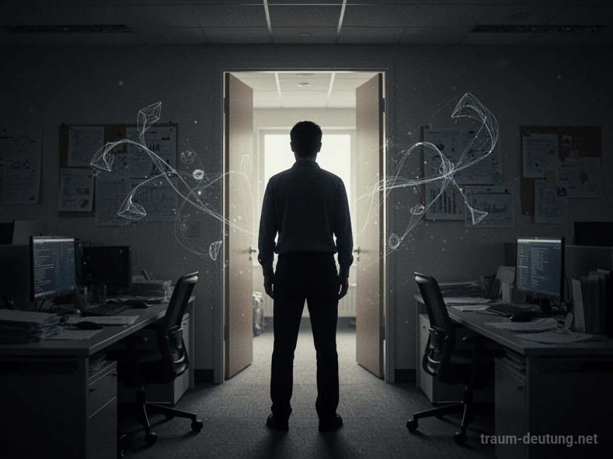 Silhouette einer Person im Büro, die auf einen helleren Ausgang blickt