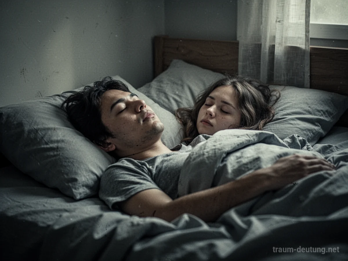 Person mit geschlossenen Augen im Bett, umgeben von Leere und gedämpften Farben.