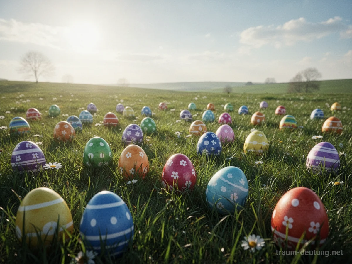 Bunte Ostereier liegen verstreut auf einer grünen Wiese.