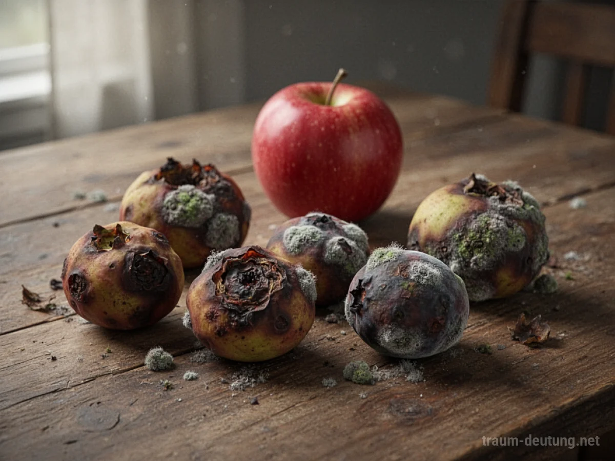Verdorbenes Obst auf einem Holztisch, teilweise verschimmelt.