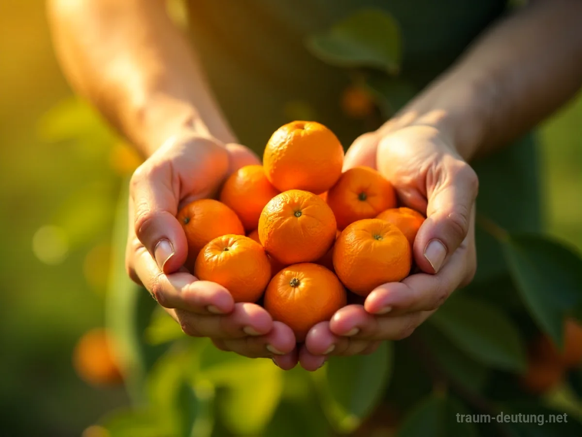 Hände sammeln viele reife Orangen von einem Baum.