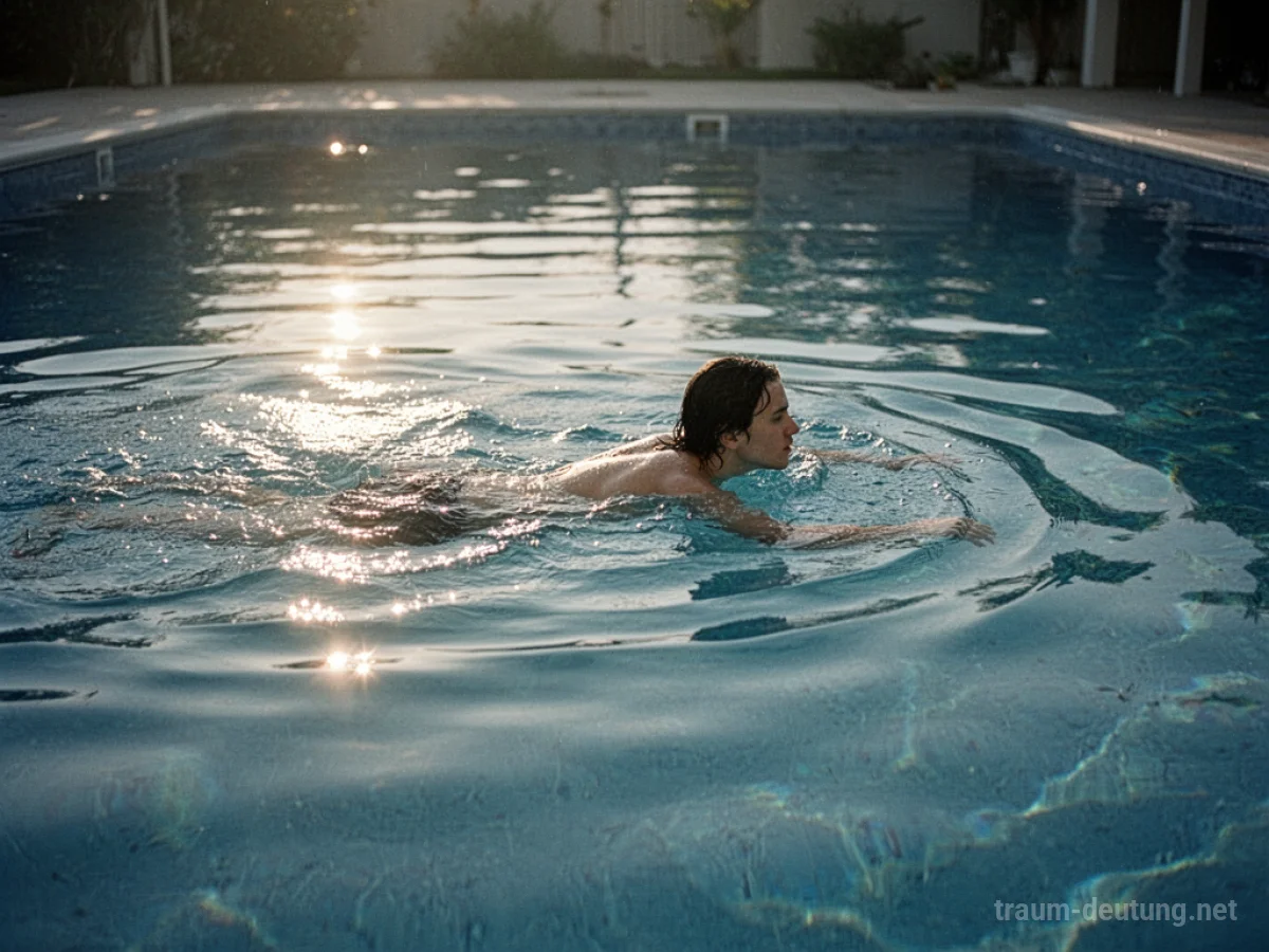 Eine Person schwimmt allein in einem ruhigen Pool.