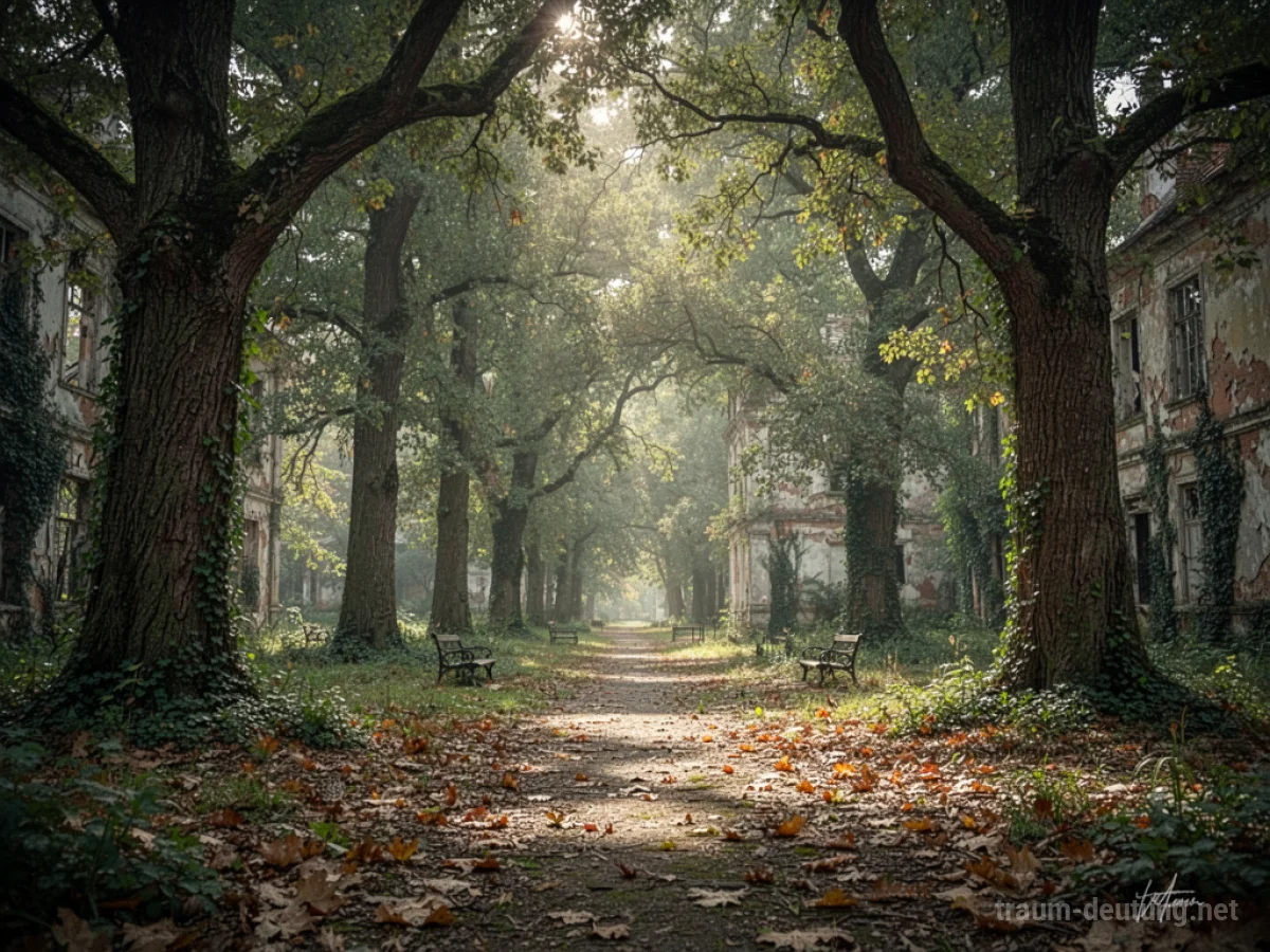 Ein verwilderter alter Park mit alten Bäumen und Laub auf dem Boden im sanften Licht.