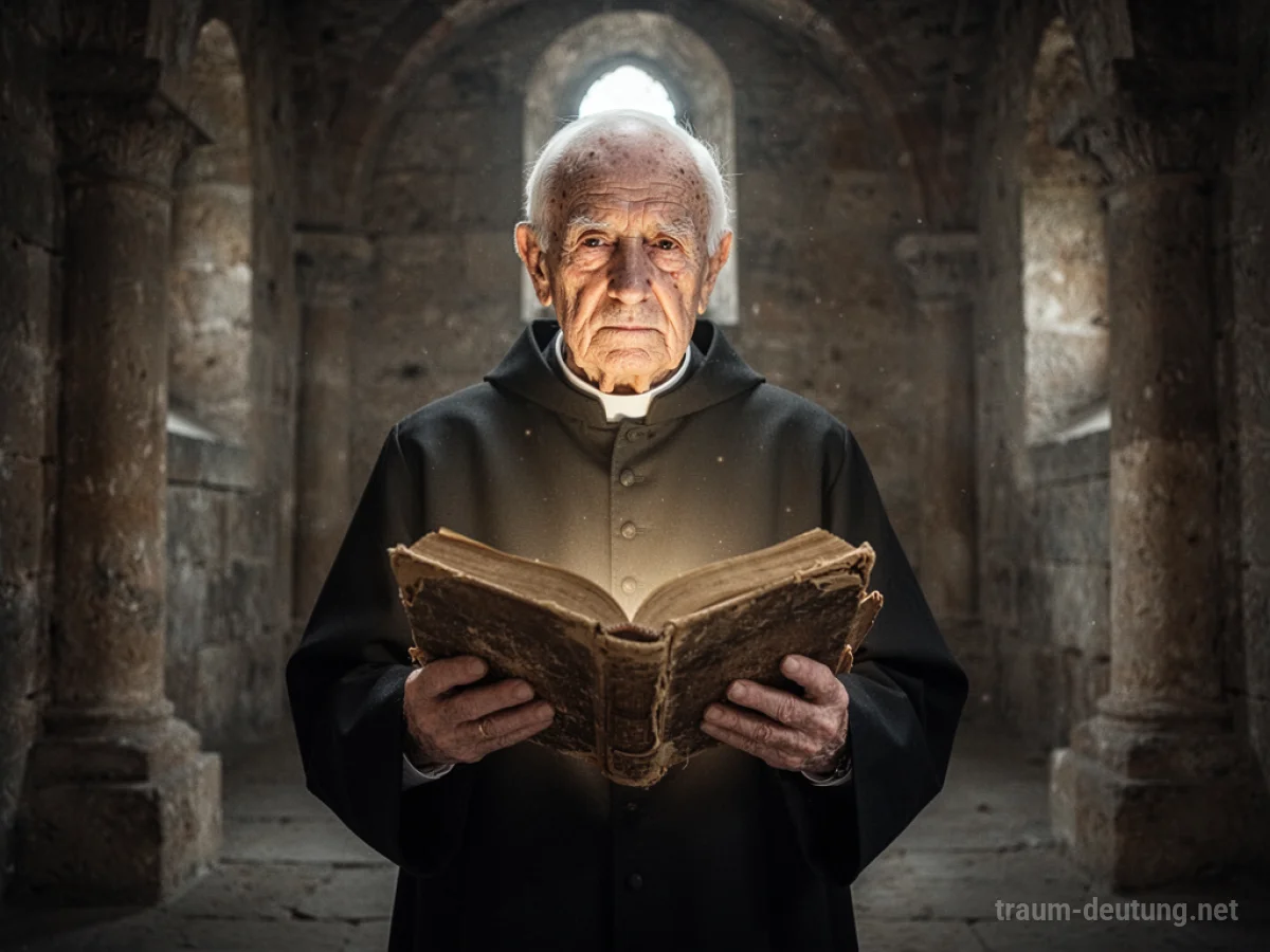 Alter Priester mit offenem Buch in einem Steinraum