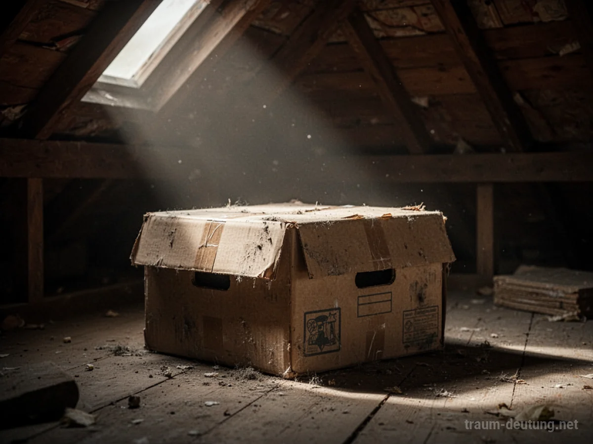 Ein altes, staubiges Paket liegt im Licht auf einem Dachboden.