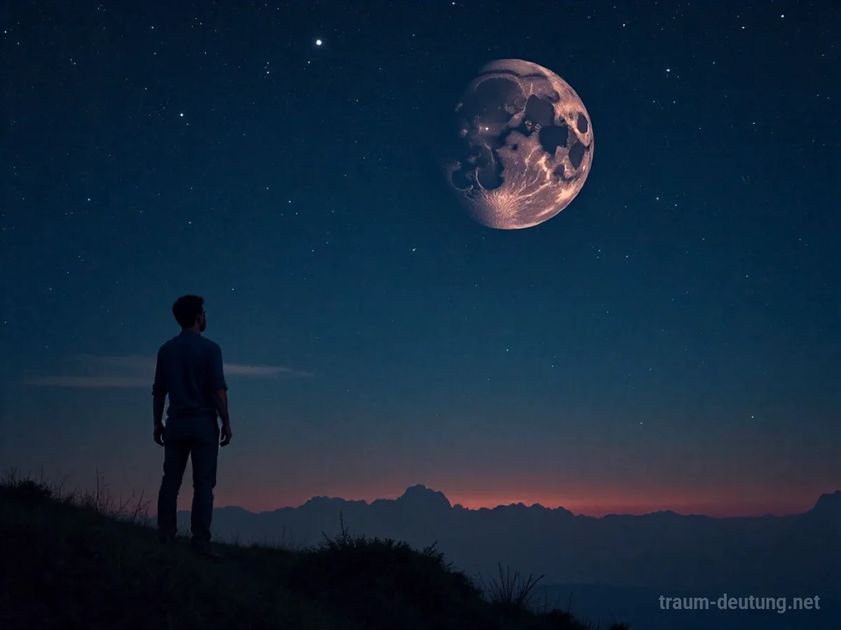 Ein fremder Planet leuchtet am Nachthimmel, eine Person blickt ehrfürchtig empor.