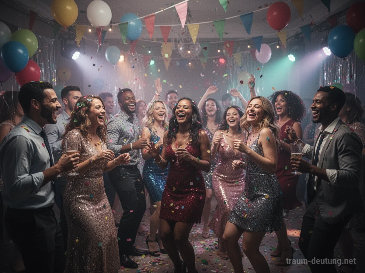 Menschen feiern ausgelassen auf einer bunten Party mit Musik und Tanz.