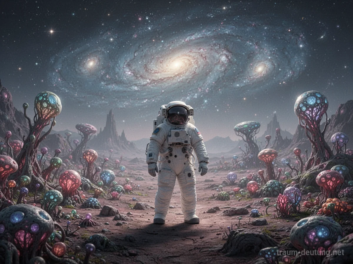 Ein Astronaut steht auf einem fremden Planeten unter einem ungewohnten Sternenhimmel.