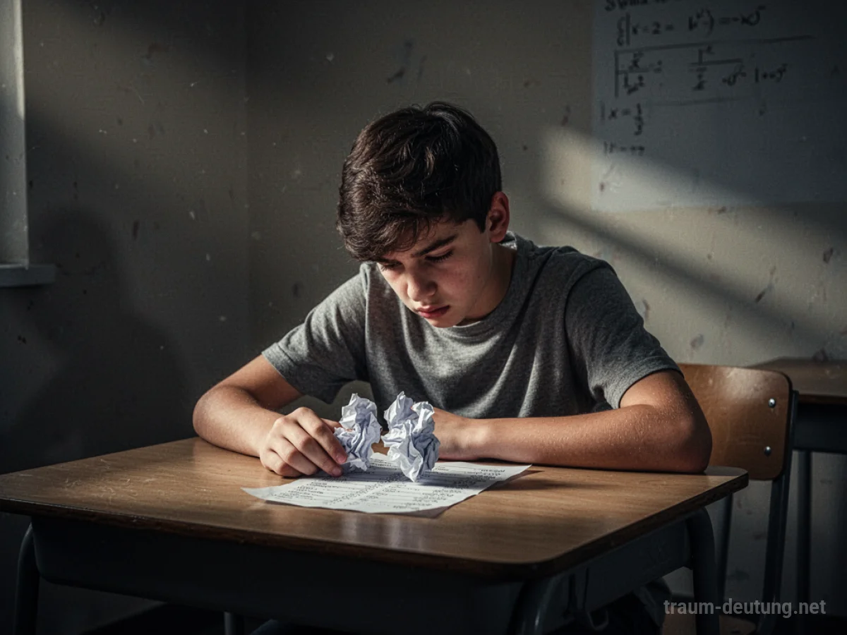 Ein Schüler sitzt deprimiert an einem Schreibtisch mit einem zerknüllten Testpapier.