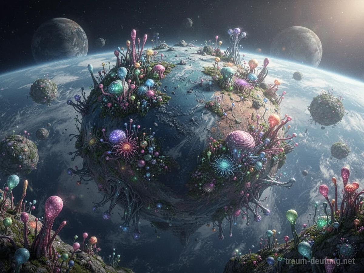 Ein bunter, bewohnter Planet mit seltsamer Vegetation aus dem Weltall gesehen.