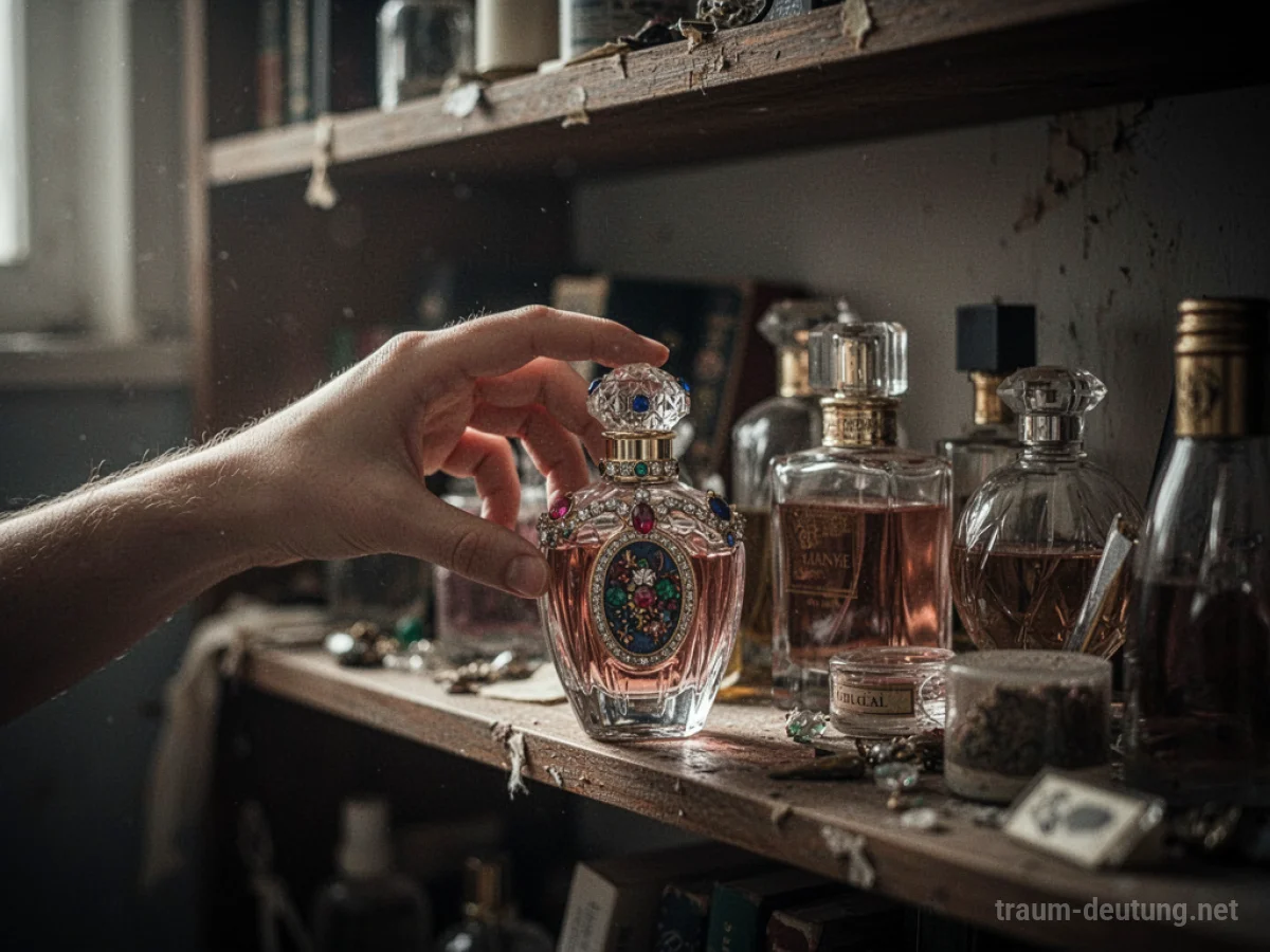 Hand greift nach billiger Parfümflasche im Traum