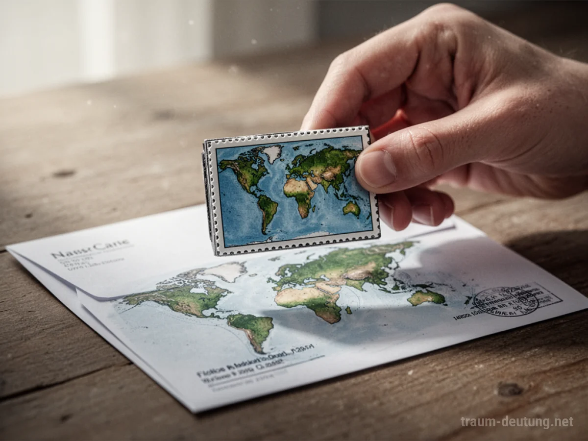 Hand hält Briefmarke mit Weltkarte, bereit zum Aufkleben auf einen Briefumschlag.