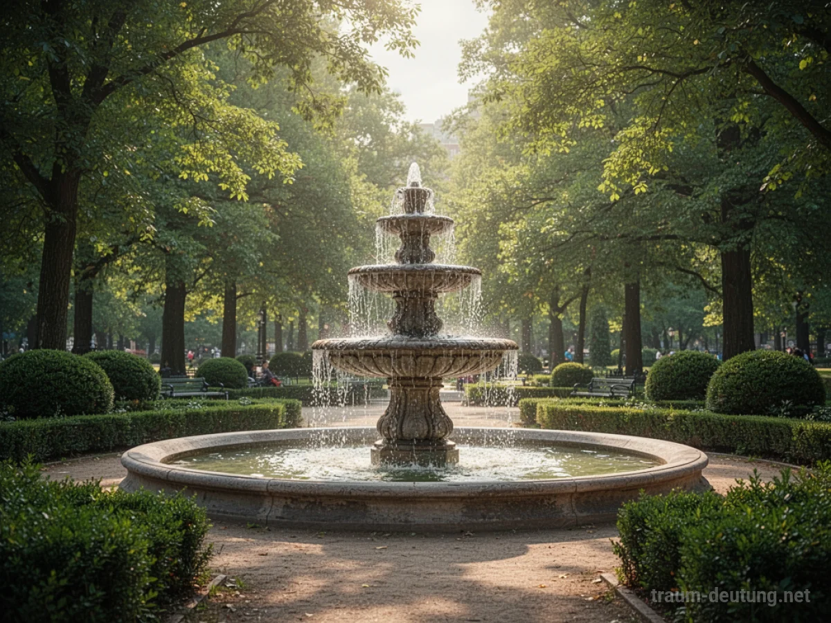 Ein Park mit einem steinernen Brunnen in der Mitte, umgeben von Bäumen und Grün.