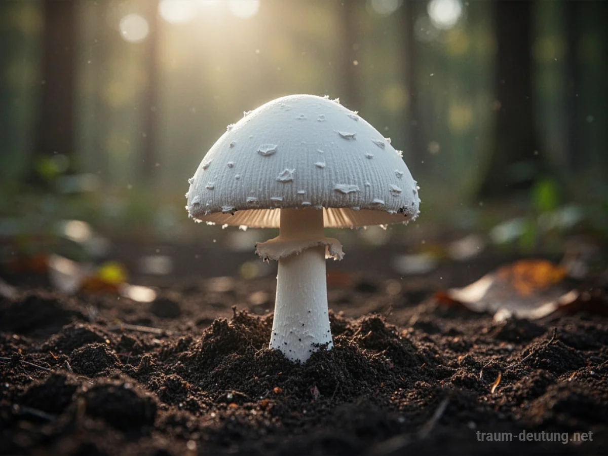 Ein einzelner weißer Champignon wächst aus dunkler Erde.