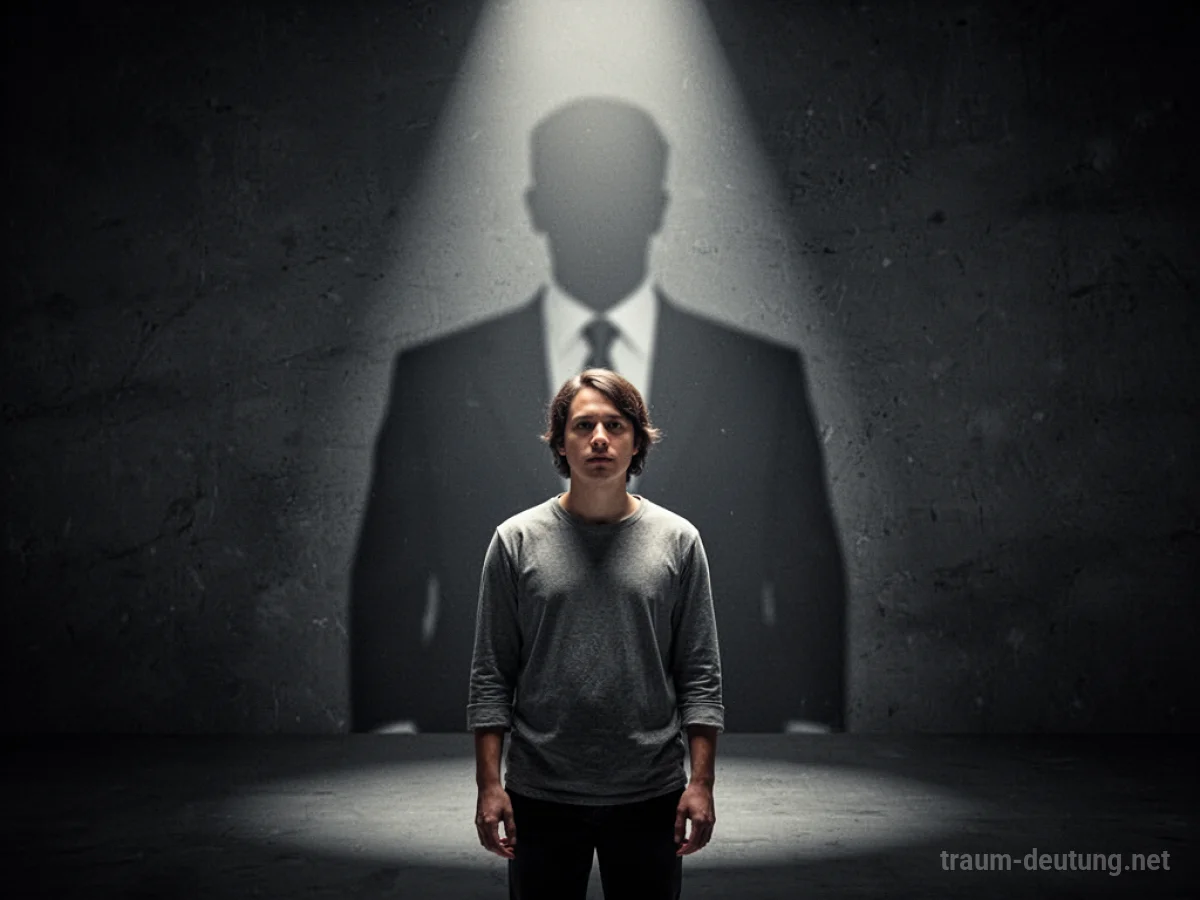 Eine Person steht im Lichtkegel vor einer unscharfen Chef-Silhouette.
