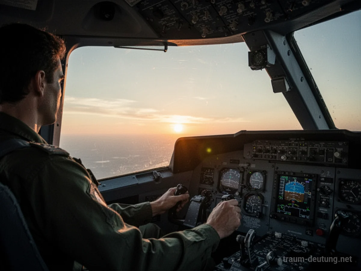 Pilot im Cockpit blickt in den Sonnenaufgang über den Wolken