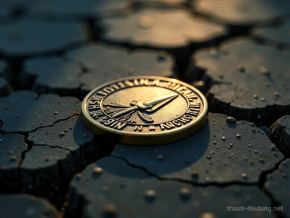 Eine einzelne, angelaufene Medaille liegt auf rissiger Erde.