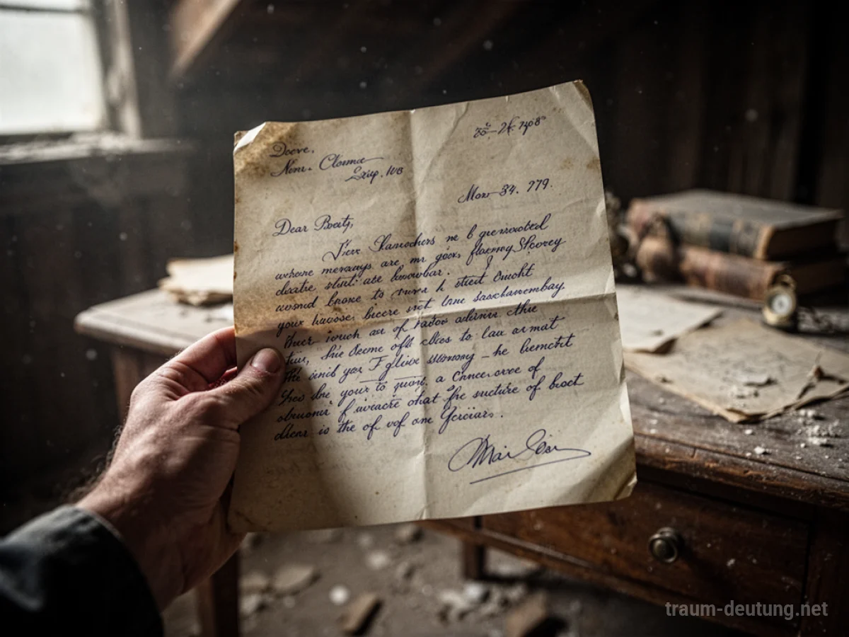 Eine Hand hält einen alten, verknitterten Brief, im Hintergrund eine staubige Umgebung.
