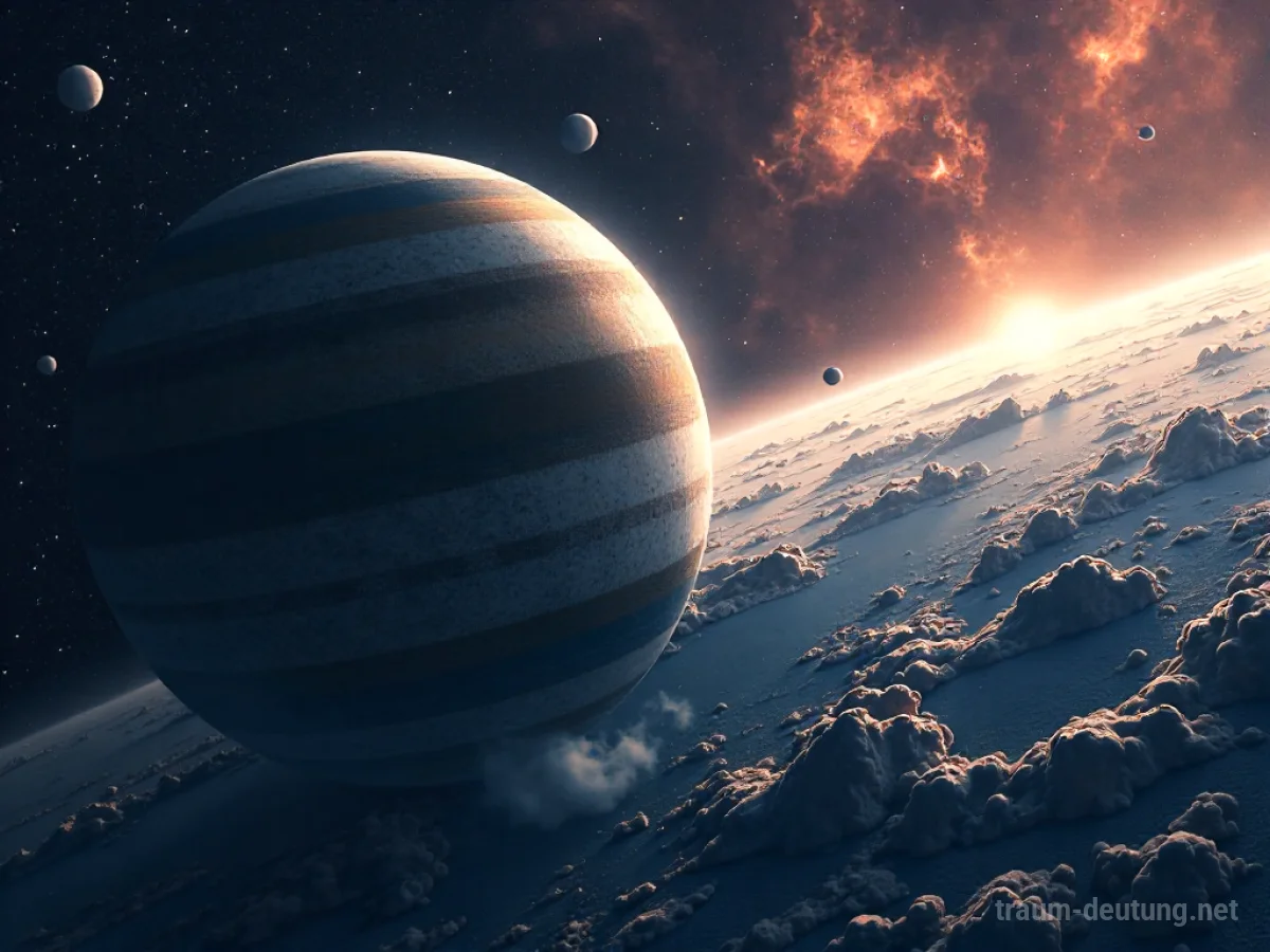 Ein großer Planet nähert sich der Erde im Weltall.