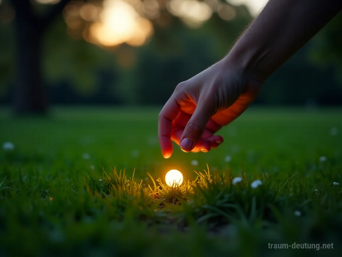 Hand findet glänzenden Gegenstand im Gras eines Parks.