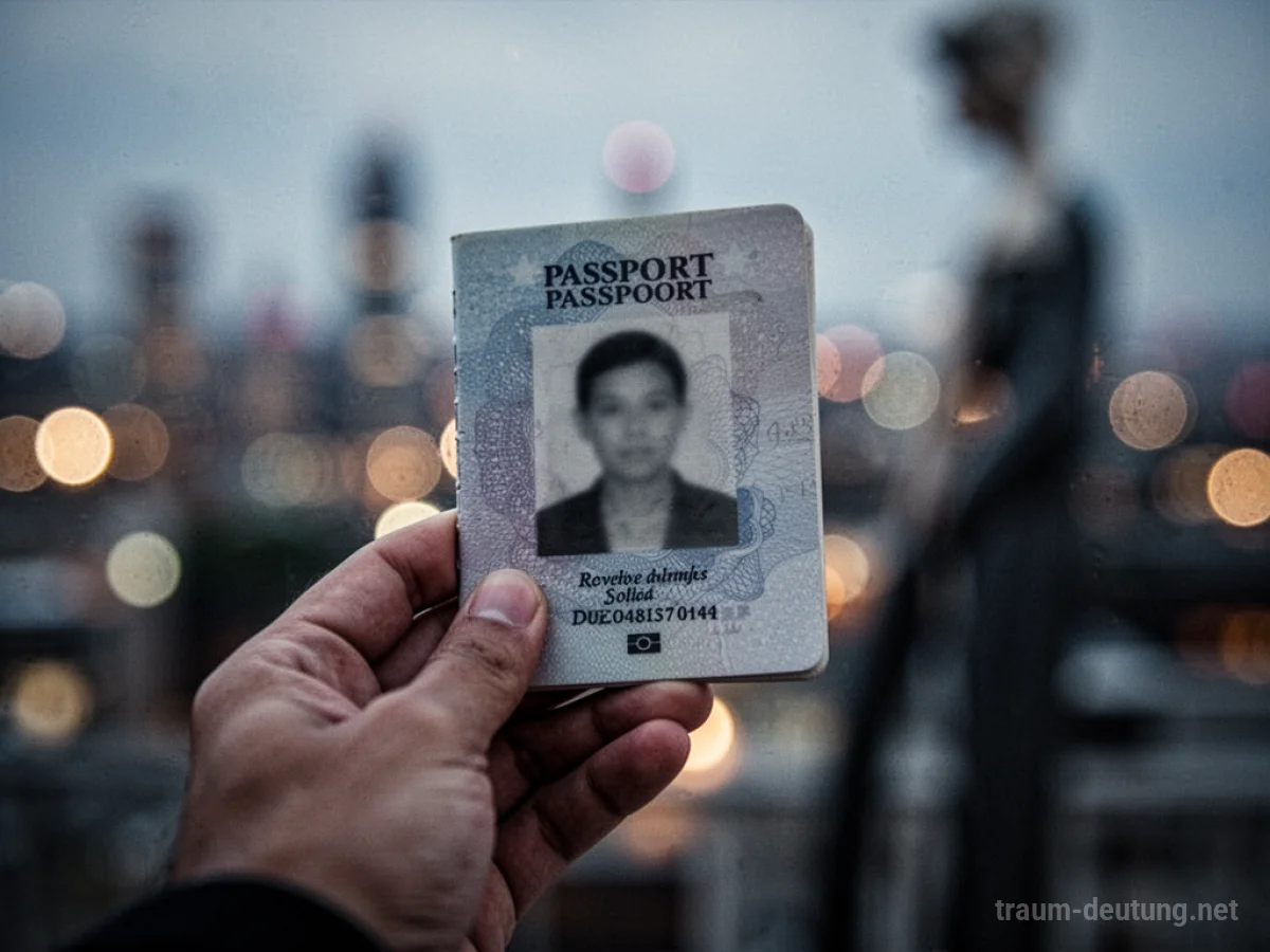 Person mit unscharfem Passfoto in der Hand, vor unscharfem Stadtbild.