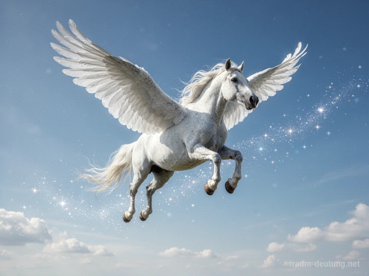 Ein majestätisches Pferd mit Flügeln fliegt hoch am Himmel.