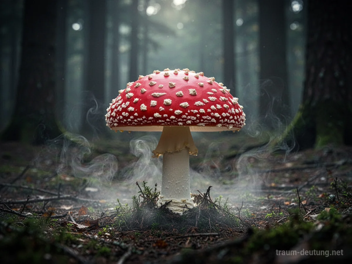 Ein einzelner, leuchtend roter Fliegenpilz mit weißen Punkten in einem nebligen Wald.