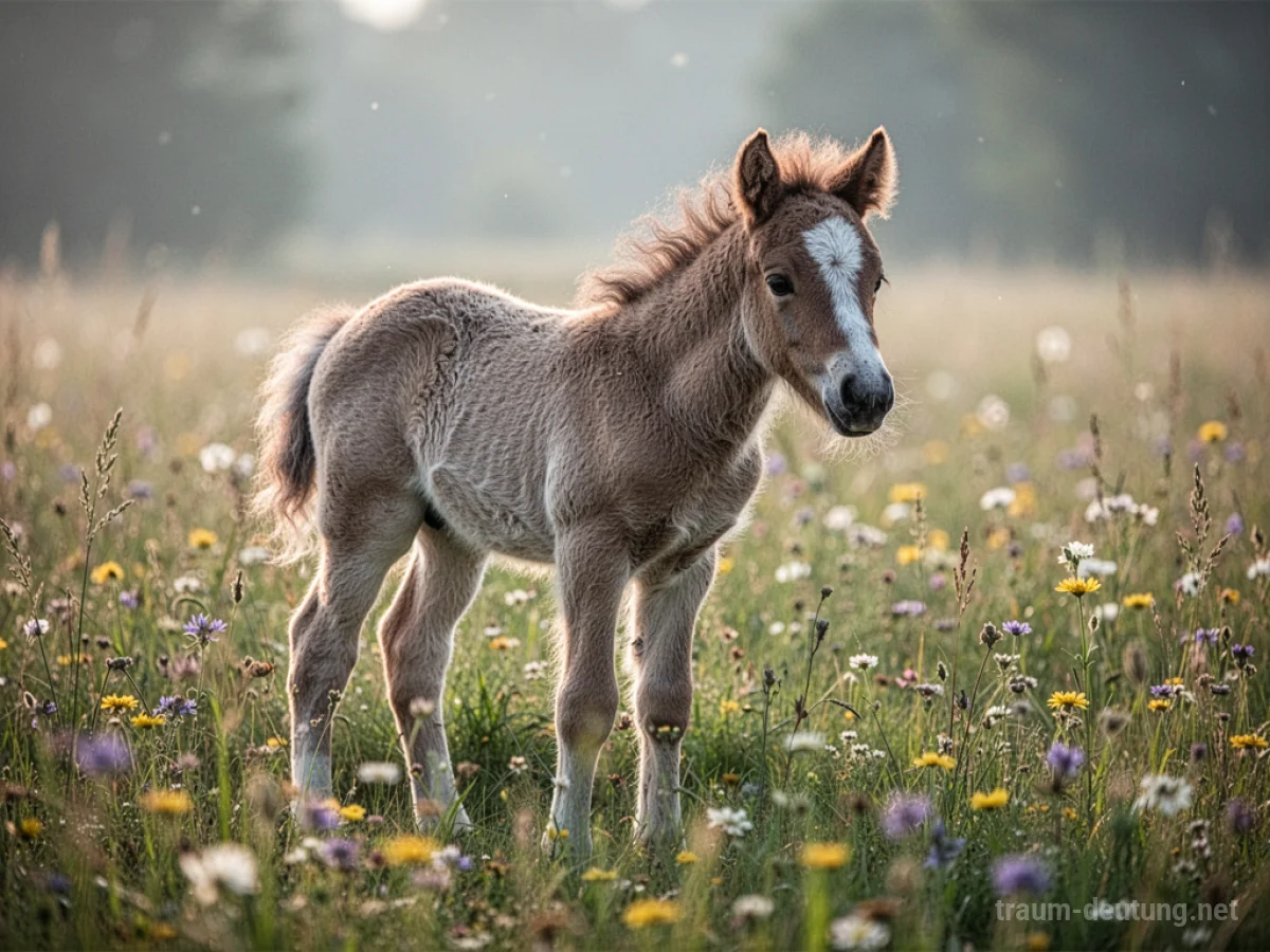 Ein kleines, flauschiges Fohlen steht auf einer sonnigen Wiese.