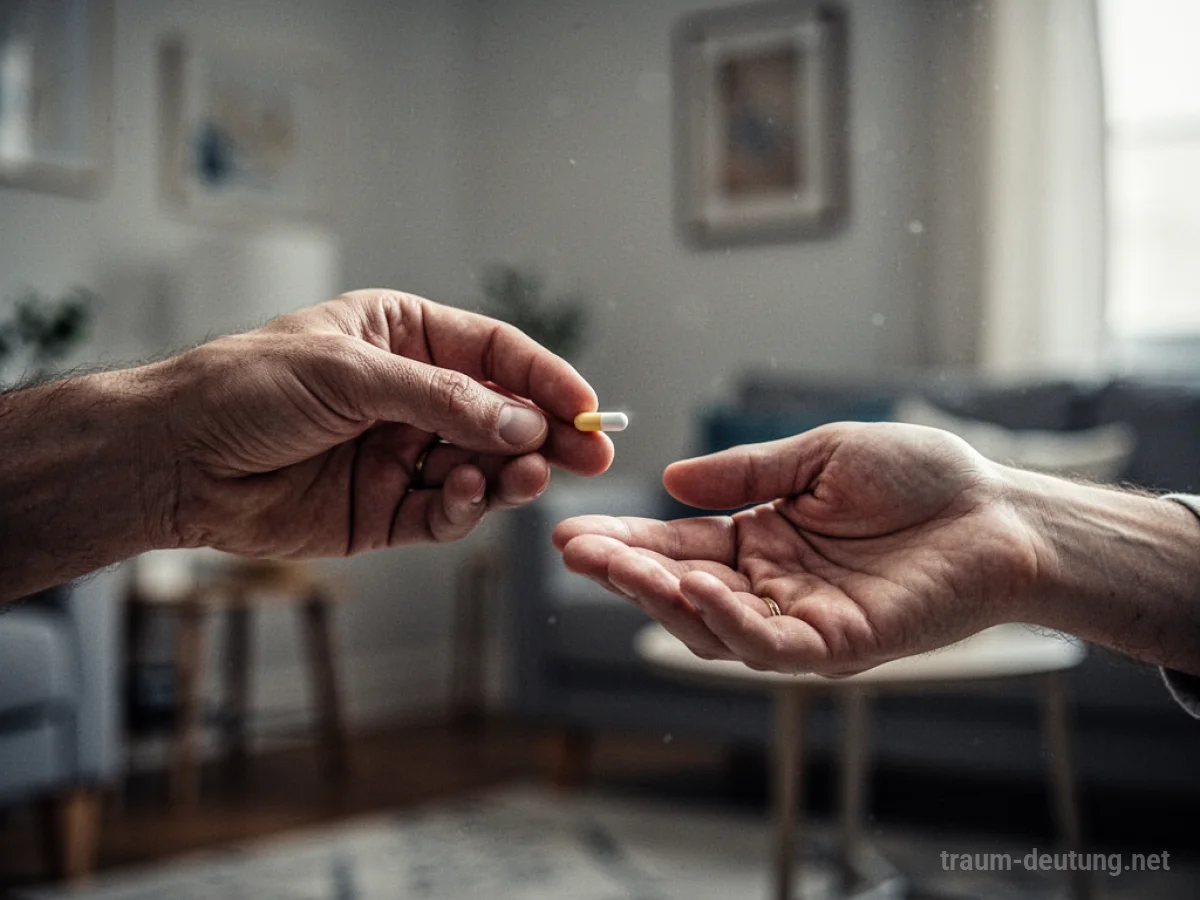 Eine Hand reicht einer anderen Hand eine Pille.