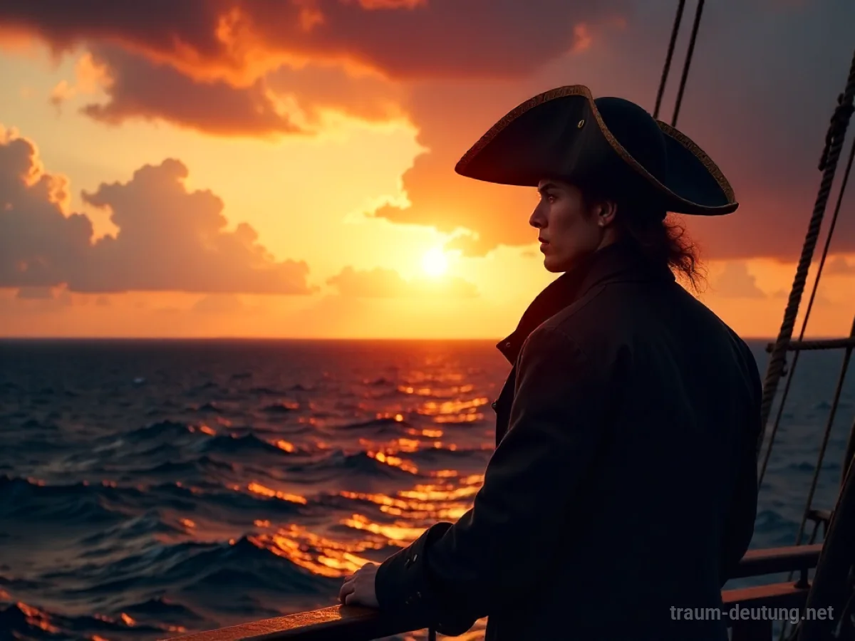 Silhouette eines Freundes mit Piratenhut auf einem Schiff bei Sonnenuntergang