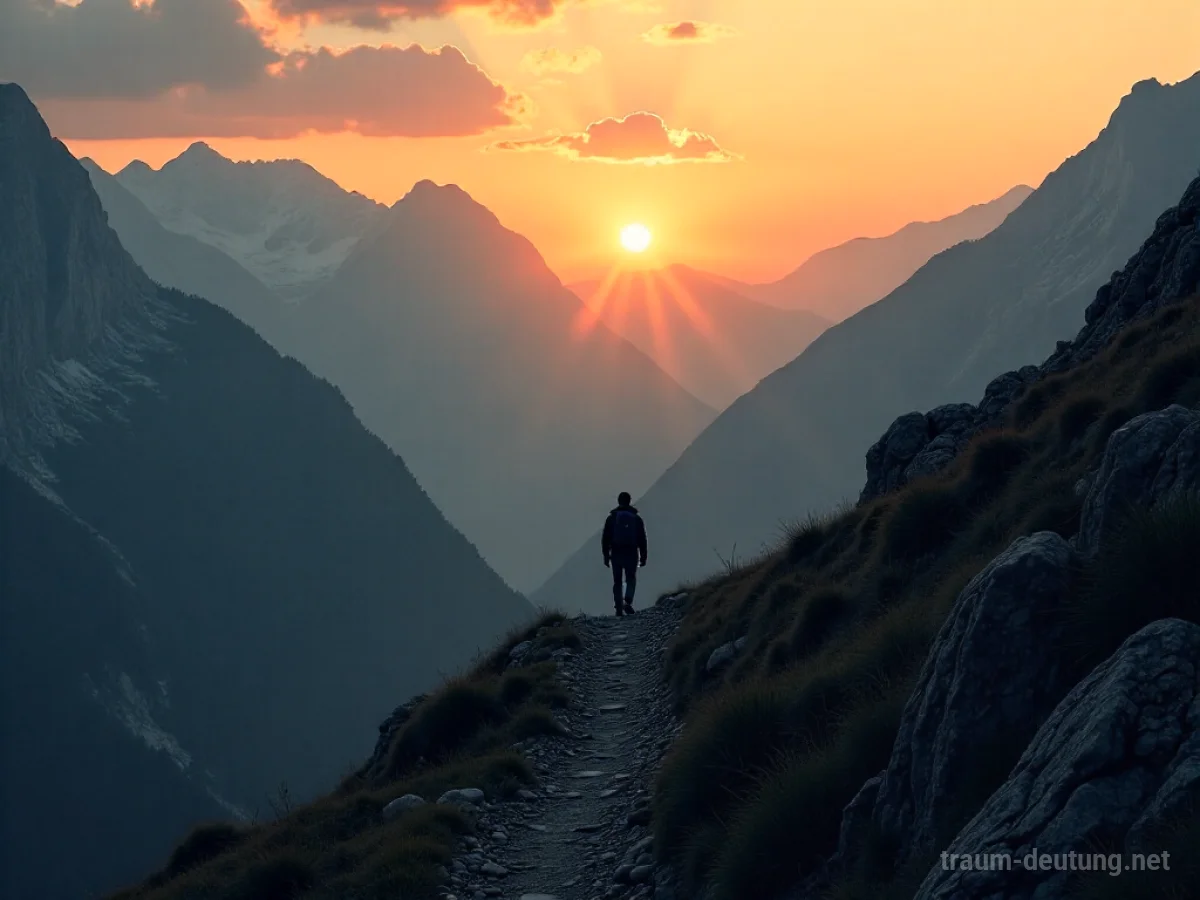 Eine Person im Schatten steht am Beginn eines steilen Gebirgspasses bei Sonnenaufgang.