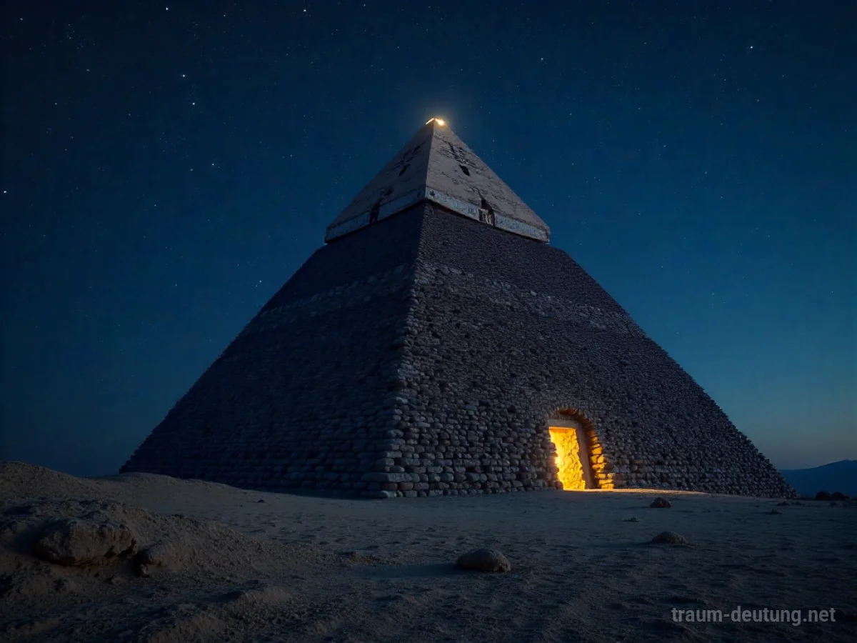 Eine antike Pyramide in der Wüste bei Nacht mit einem mysteriösen Lichtschein.