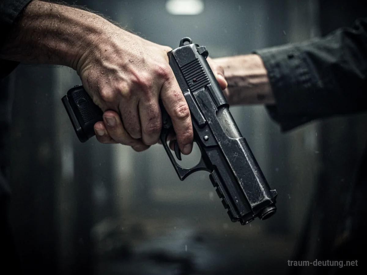 Hand hält eine geladene Pistole in dunkler Umgebung