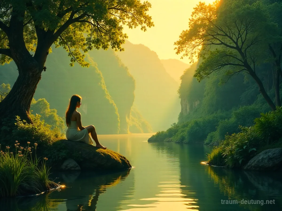 Eine liebevolle Person steht in einer idyllischen Paradieslandschaft.