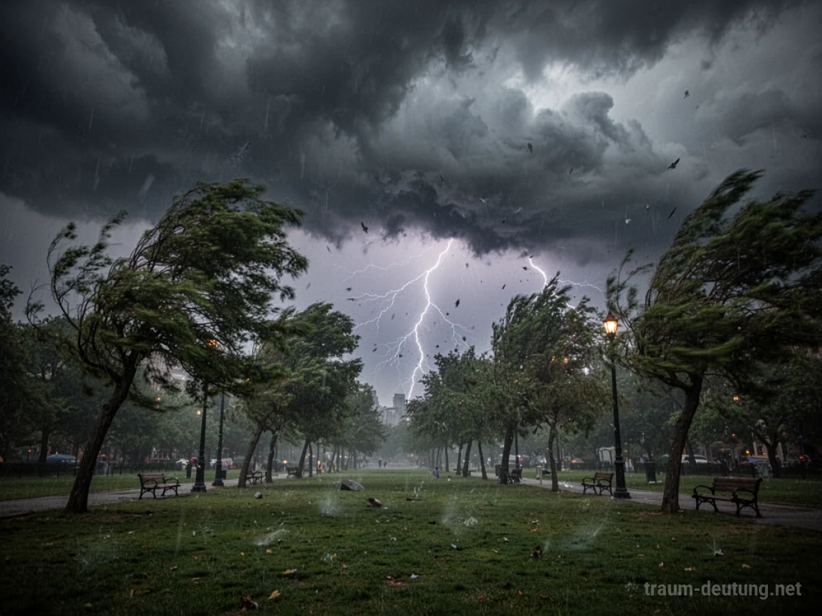 Gewitterwolken ziehen über einen Park, Blitze in der Ferne, Bäume bewegen sich stark.