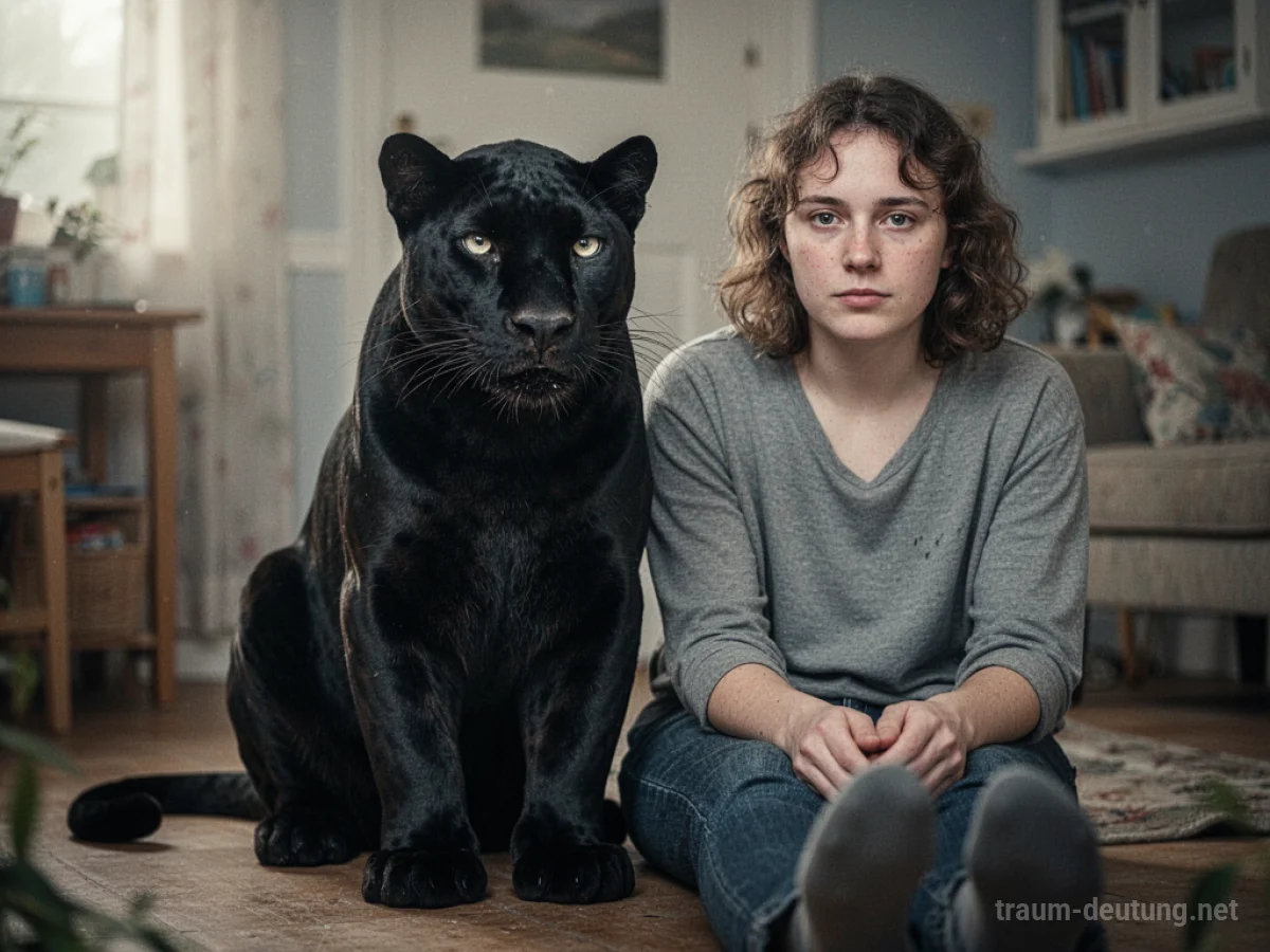 Ein gezähmter Panther sitzt ruhig neben einer Person in einer kontrollierten Umgebung.