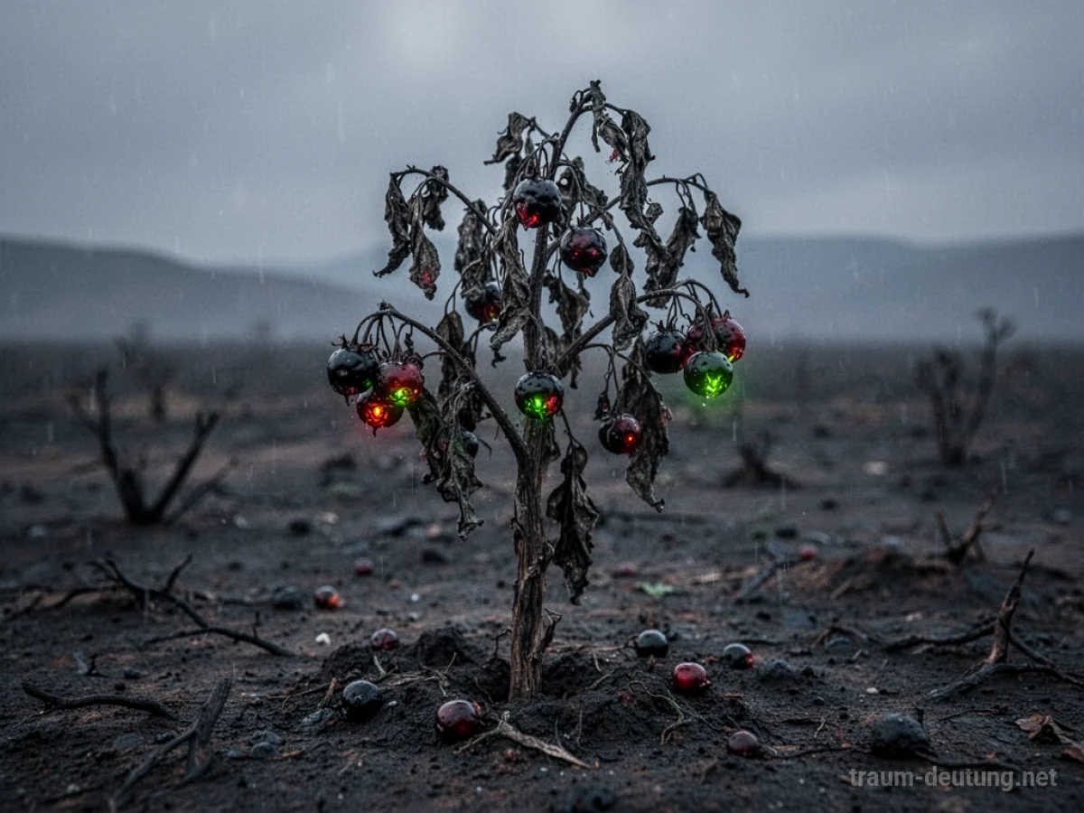 Giftige Pflanze mit dunklen Beeren auf kargem Boden