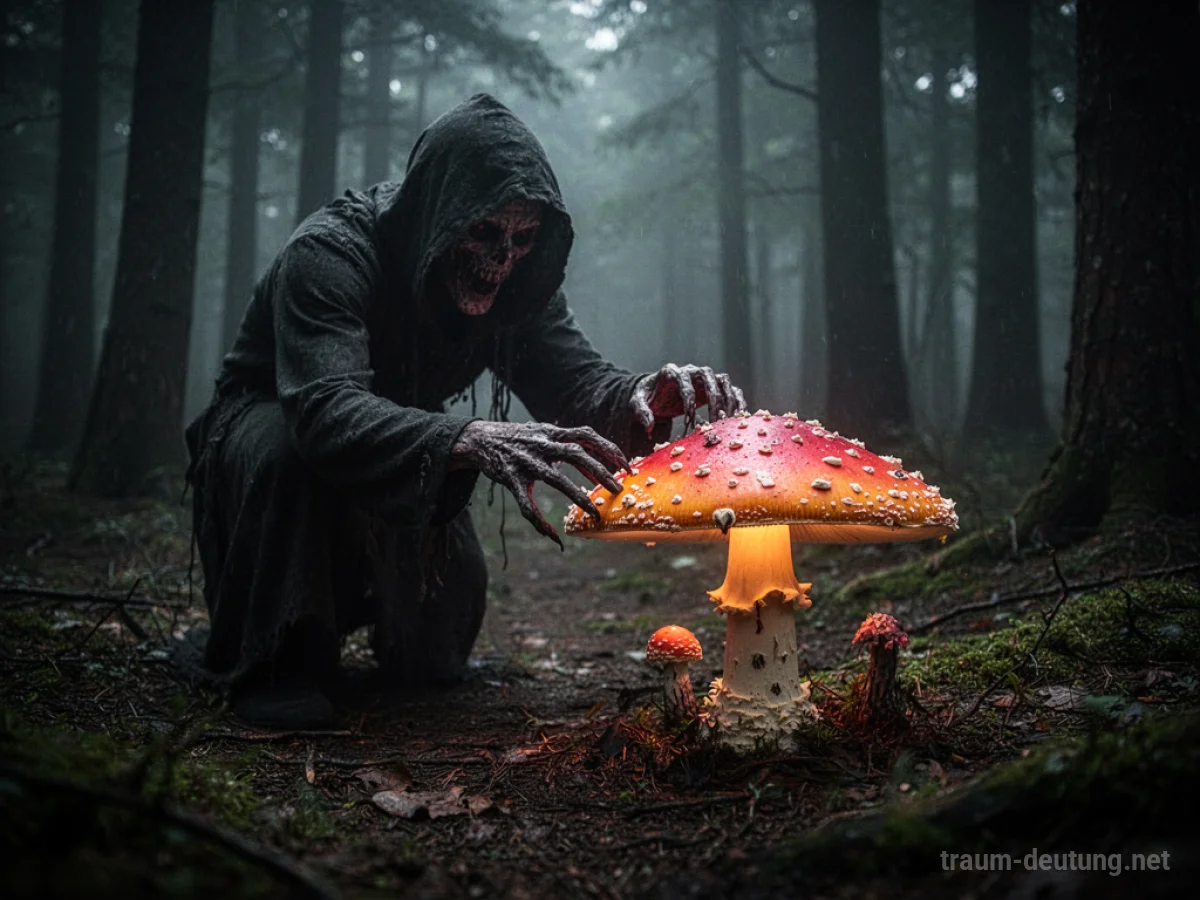 Schattenhafte Figur greift nach einem giftigen Pilz im dunklen Wald